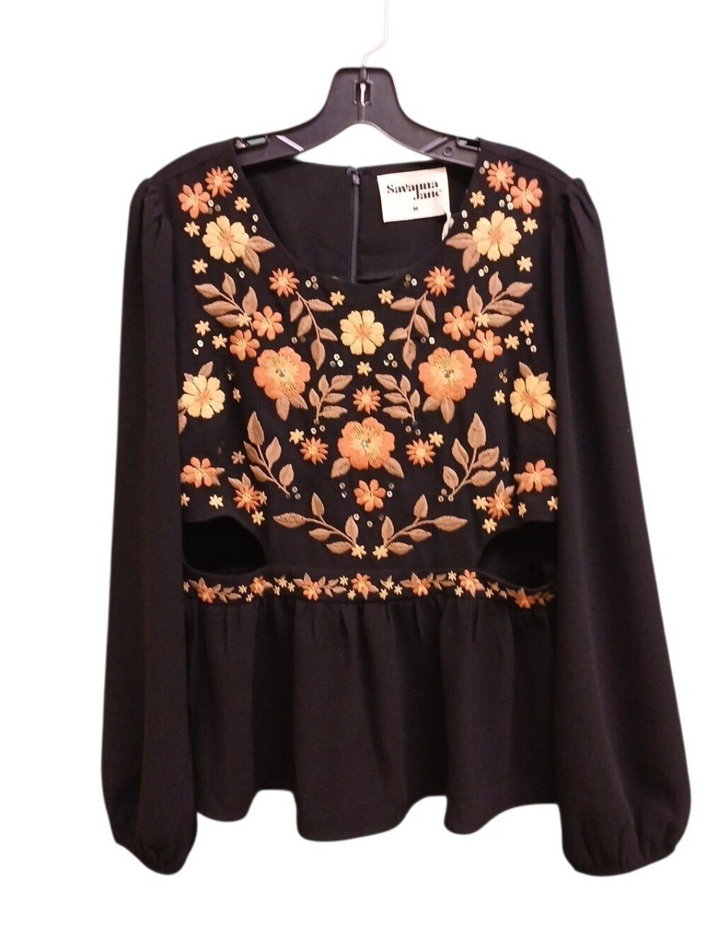 Savanna Jane NWT Black Blouse with Cutouts & Floral Embroidery Sequins Medium